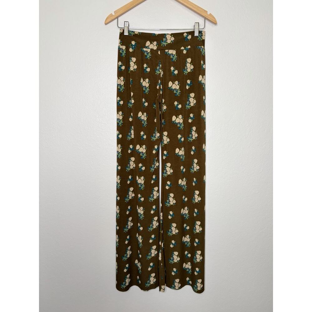 Natural Life Olive Brown Floral Wide Leg Pants Size Medium Boho Chic, 70s Retro - Picture 5 of 5